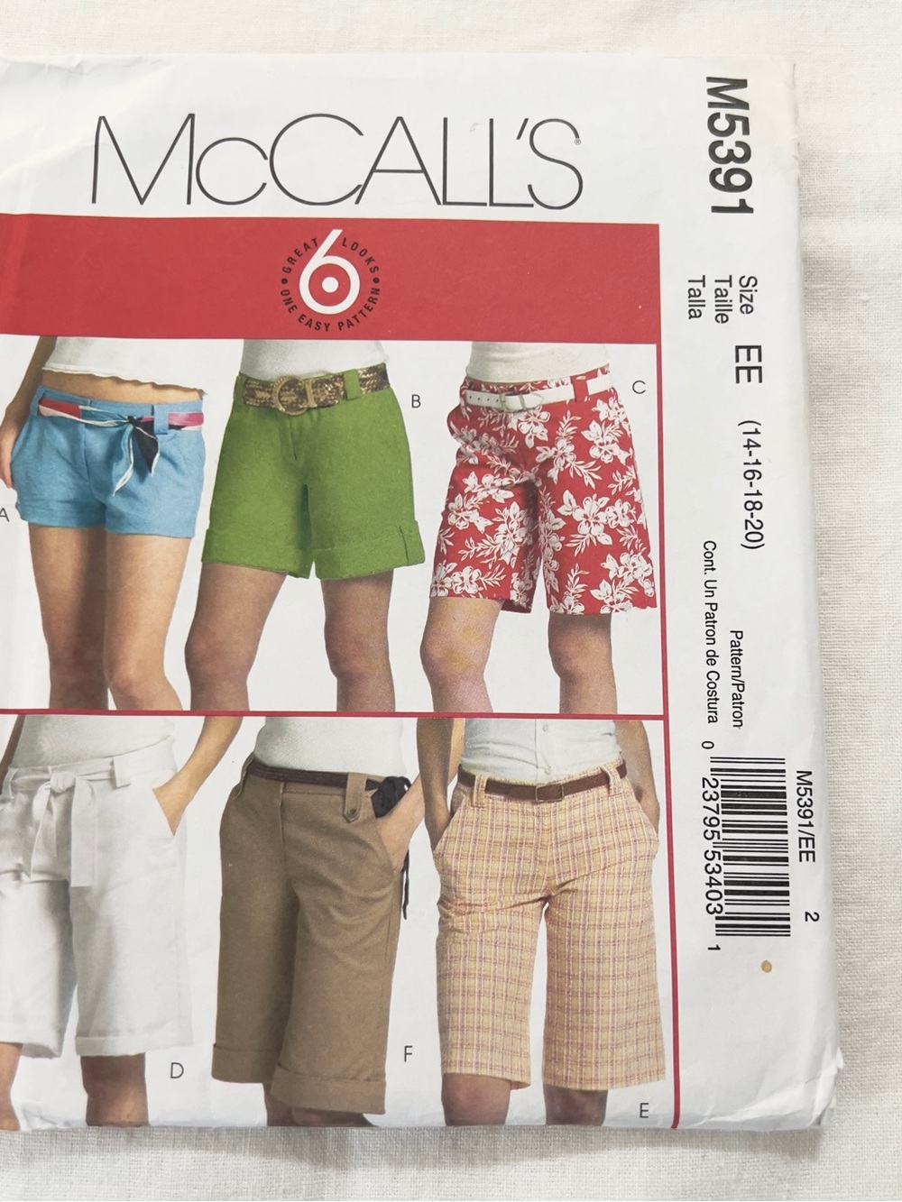 McCall’s M5391 Sewing Pattern Misses Shorts & Belt Size EE 14-20
